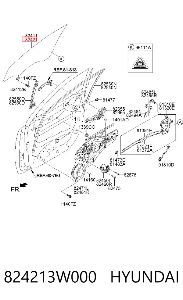 Скло передніх дверей, правою 824213W000 Hyundai/Kia