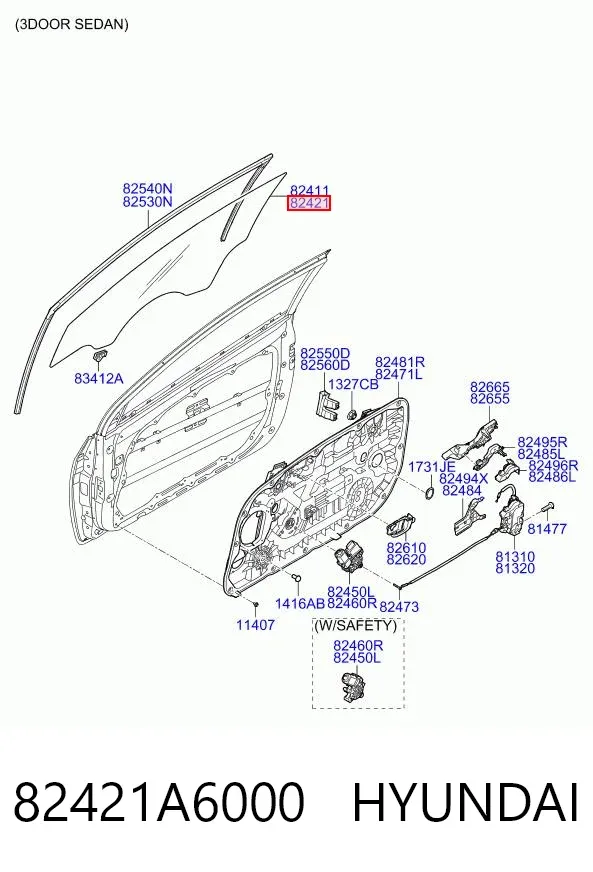 Скло передніх дверей, правою 82421A6000 Hyundai/Kia