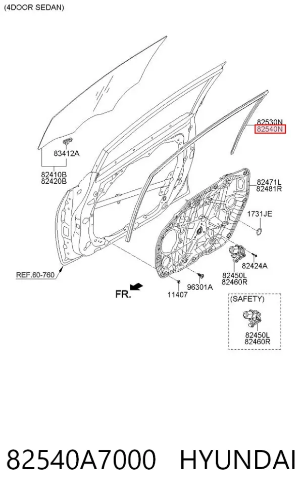 Направляюча скла рамки двері, передньої правої 82540A7000 Hyundai/Kia