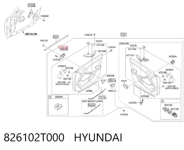 Ручка передньої двері внутрішня ліва 826102T000 Hyundai/Kia