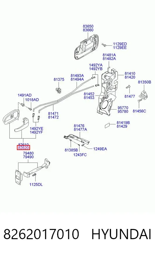 Ручка передньої двері внутрішня права 8262017010 Hyundai/Kia