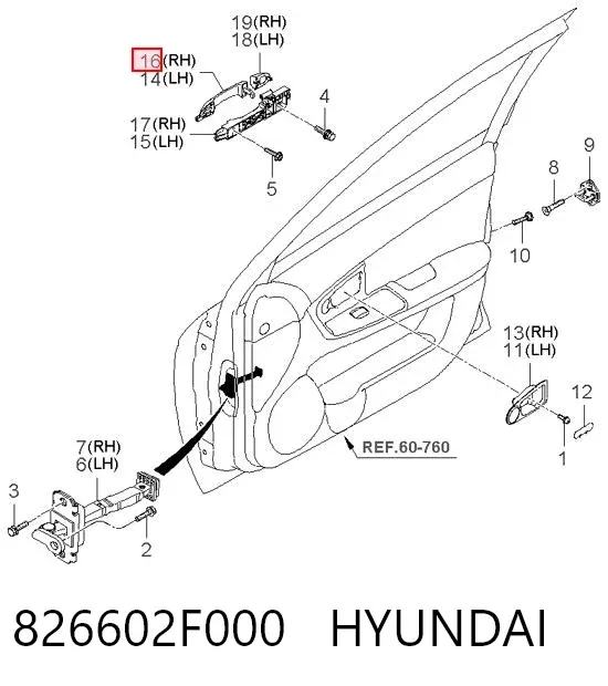 Ручка передньої двері зовнішня права 826602F000 Hyundai/Kia