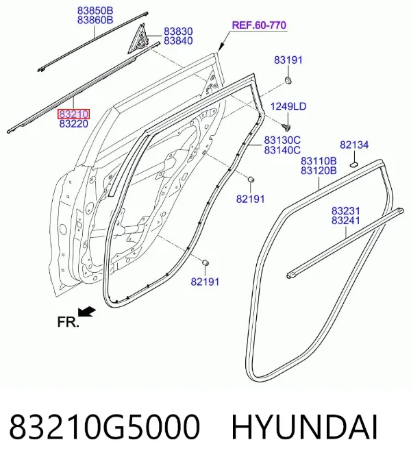 Молдинг опускного скла нижній, двері задньої, лівої 83210G5000 Hyundai/Kia