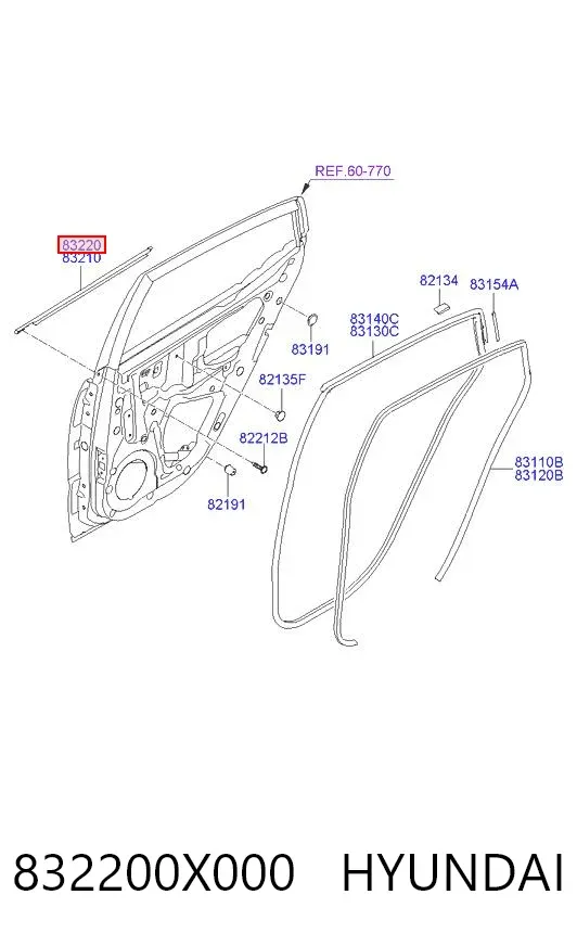 Молдинг опускного скла нижній, двері задньої, правої 832200X000 Hyundai/Kia