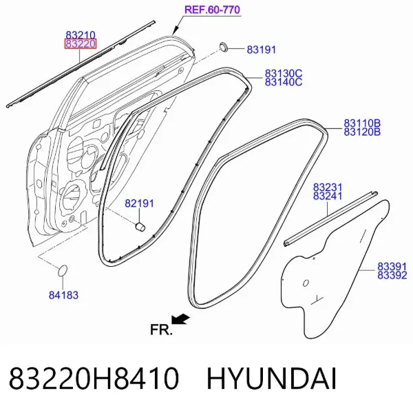 Молдинг опускного скла нижній, двері задньої, правої 83220H8410 Hyundai/Kia