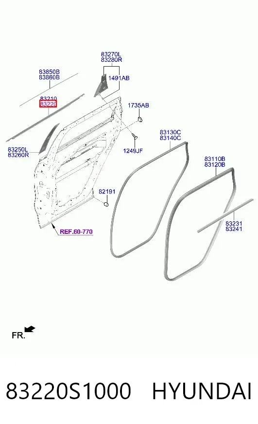 Молдинг опускного скла нижній, двері задньої, правої 83220S1000 Hyundai/Kia