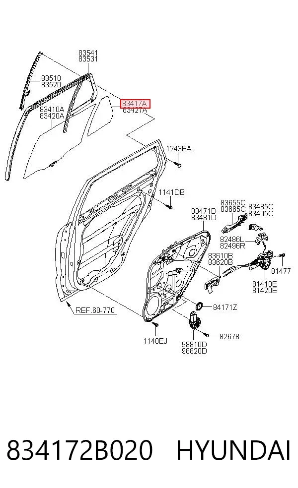 Скло-кватирка двері, задній, лівою 834172B020 Hyundai/Kia