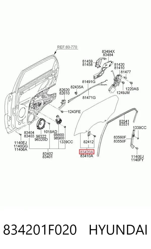 Скло задньої двері правої 834201F020 Hyundai/Kia
