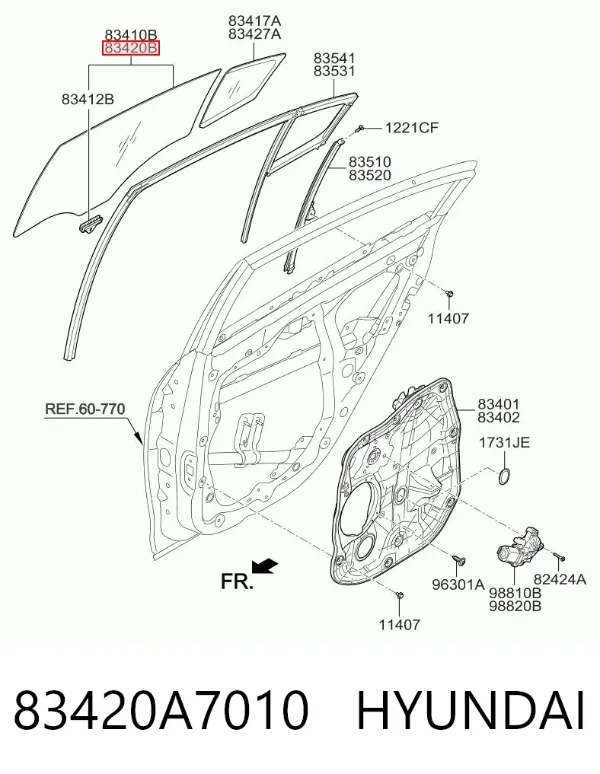 Скло задньої двері правої 83420A7010 Hyundai/Kia