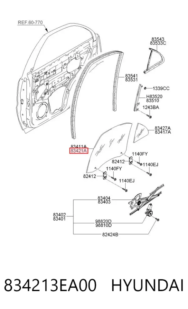 Скло задньої двері правої 834213EA00 Hyundai/Kia