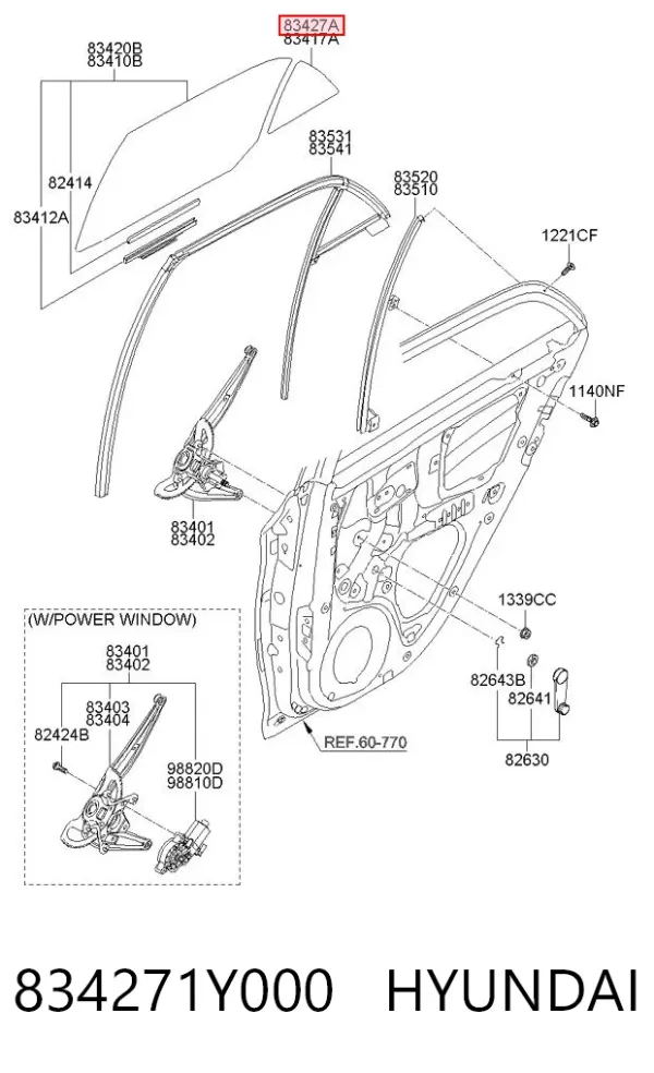 Скло-кватирка двері, задній, правій 834271Y000 Hyundai/Kia