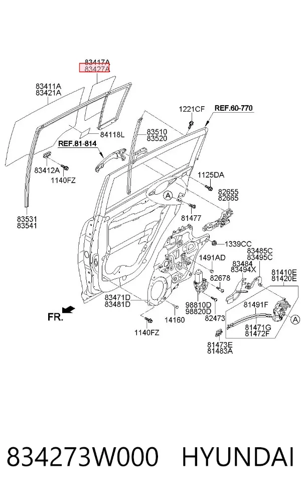 Скло-кватирка двері, задній, правій 834273W000 Hyundai/Kia