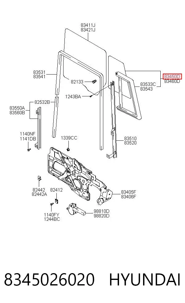 Скло-кватирка двері, задній, лівою 8345026020 Hyundai/Kia