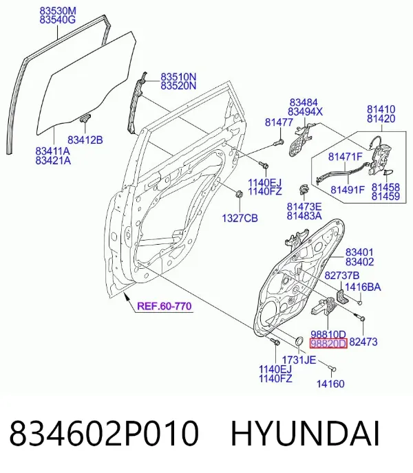 Двигун стеклопод'емника двері задньої, правої 834602P010 Hyundai/Kia