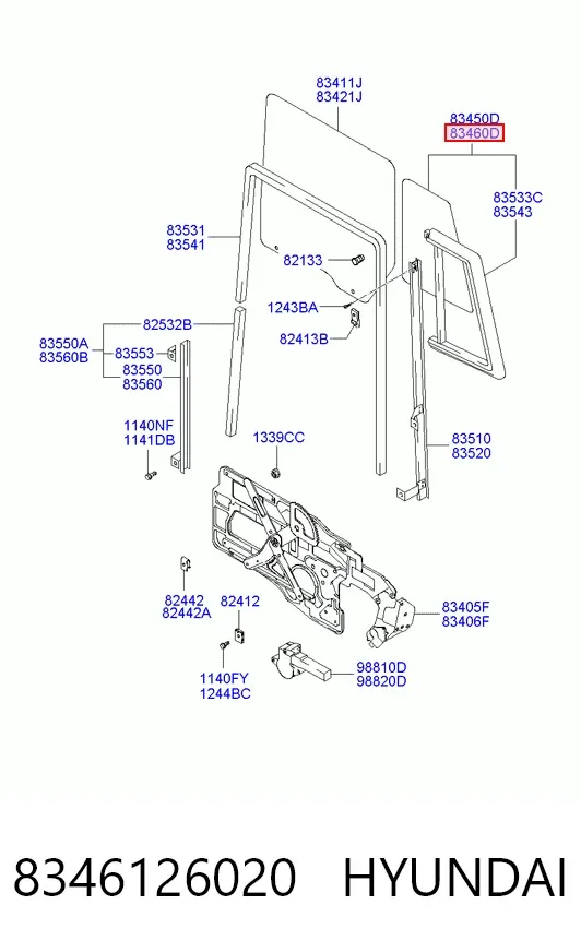 Скло-кватирка двері, задній, правій 8346126020 Hyundai/Kia