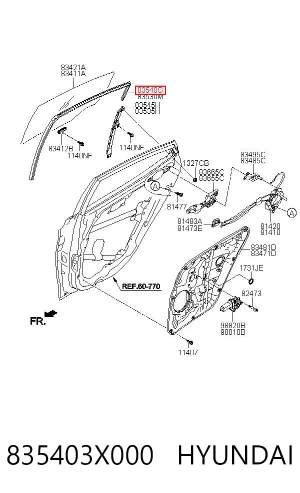 Направляюча скла рамки двері, задньої правої 835403X000 Hyundai/Kia