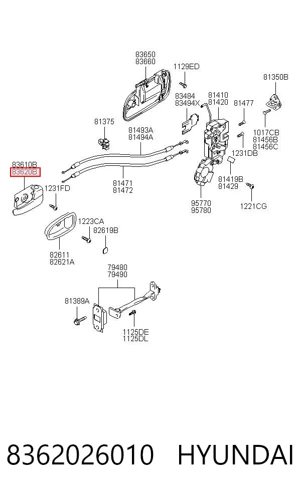 Ручка задньої двері внутрішня права 8362026010 Hyundai/Kia