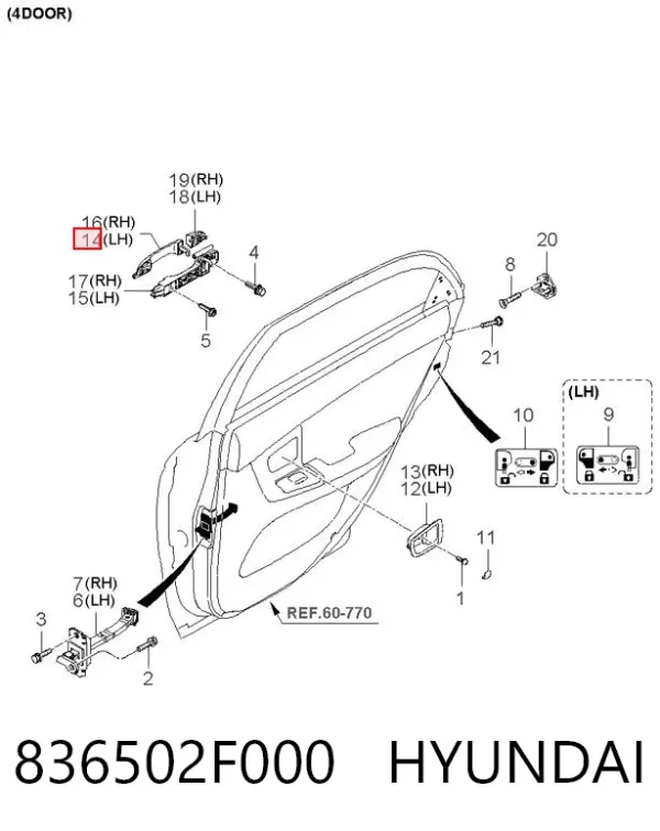 Ручка задньої двері зовнішня ліва 836502F000 Hyundai/Kia
