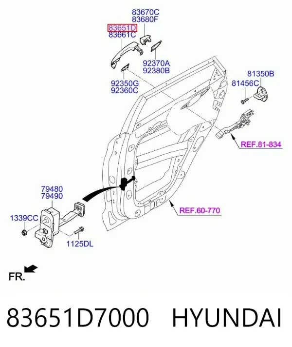 Ручка задньої двері зовнішня ліва 83651D7000 Hyundai/Kia
