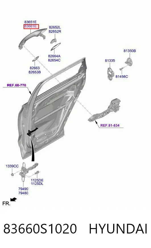 Ручка задньої двері зовнішня права 83660S1020 Hyundai/Kia