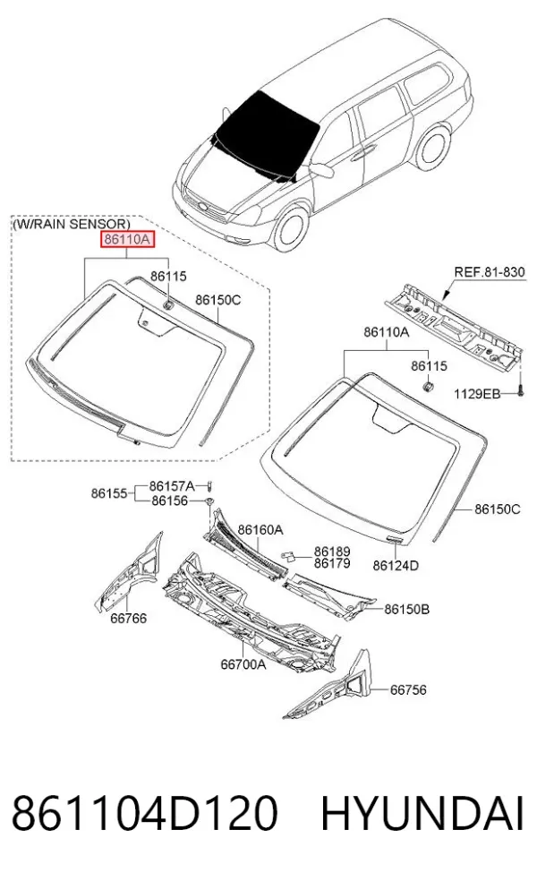 Лобове скло 861104D120 Hyundai/Kia