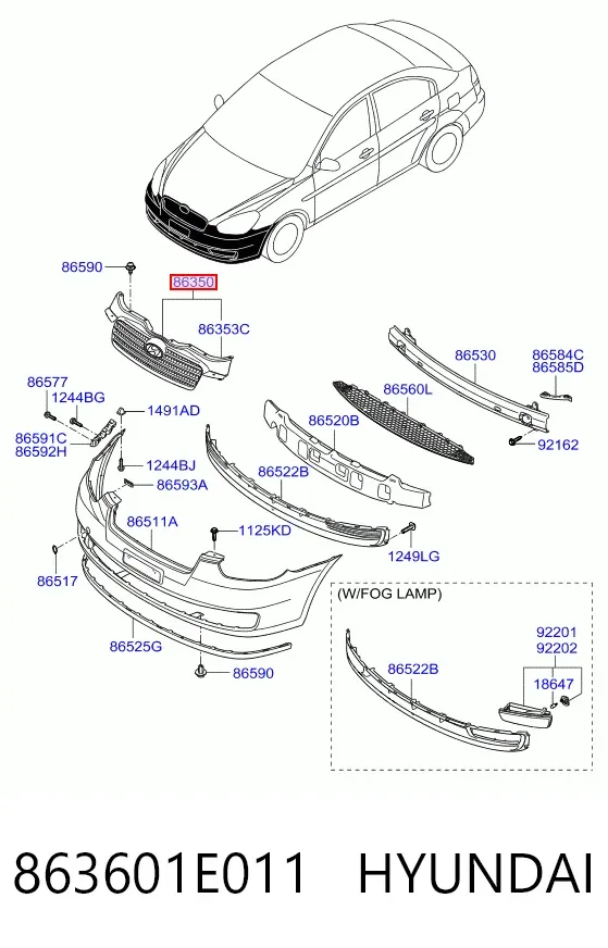 Решітка радіатора 863601E011 Hyundai/Kia