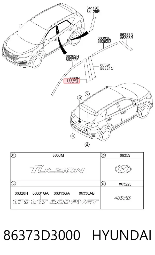 Накладка передніх дверей, правої, вертикальної 86373D3000 Hyundai/Kia