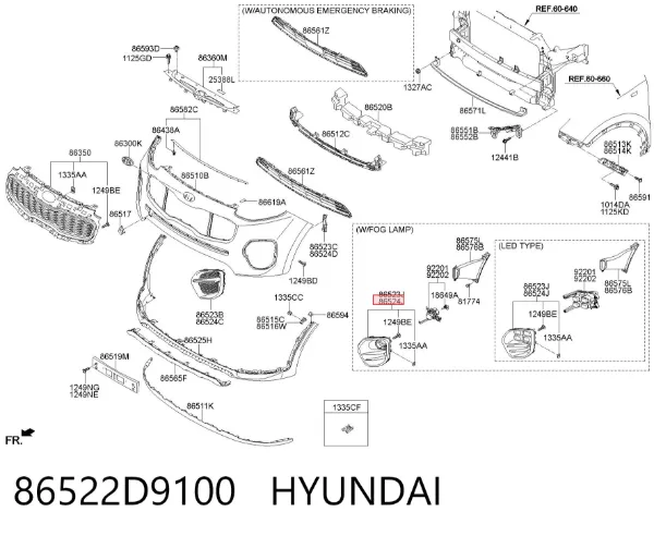 Заглушка/ решітка протитуманних фар бампера переднього, права 86522D9100 Hyundai/Kia