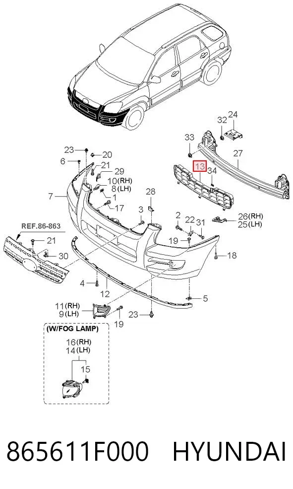 Решітка переднього бампера 865611F000 Hyundai/Kia