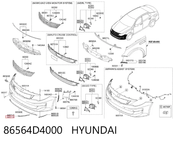 Молдинг переднього бампера, правий 86564D4000 Hyundai/Kia