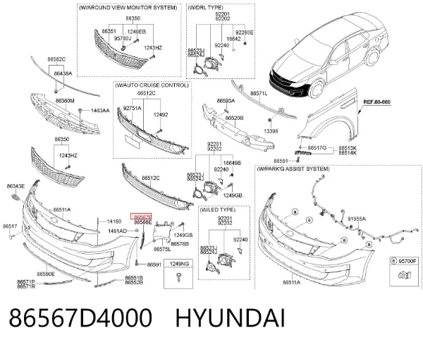 Решітка переднього бампера, ліва 86567D4000 Hyundai/Kia
