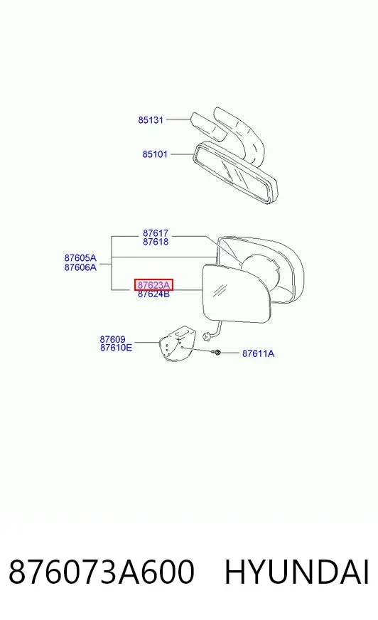 Дзеркальний елемент дзеркала заднього виду, лівого 876073A600 Hyundai/Kia