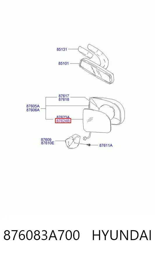 Дзеркальний елемент дзеркала заднього виду, правого 876083A700 Hyundai/Kia