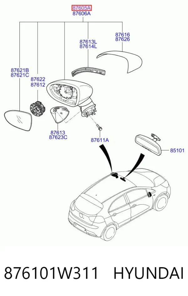 Ліве бокове дзеркало 876101W311 Hyundai/Kia