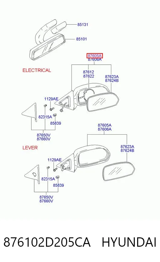 Ліве бокове дзеркало 876102D205CA Hyundai/Kia