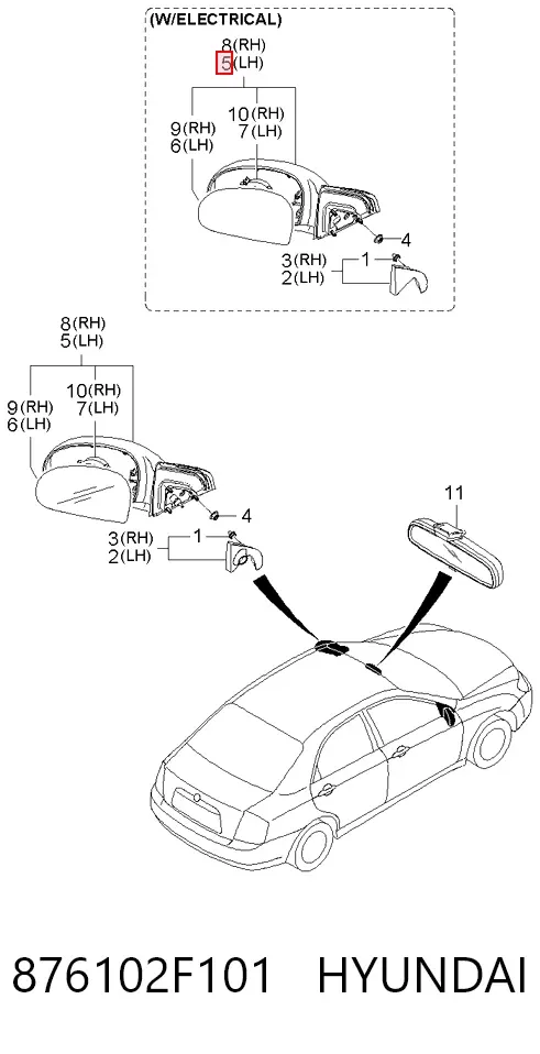 Ліве бокове дзеркало 876102F101 Hyundai/Kia