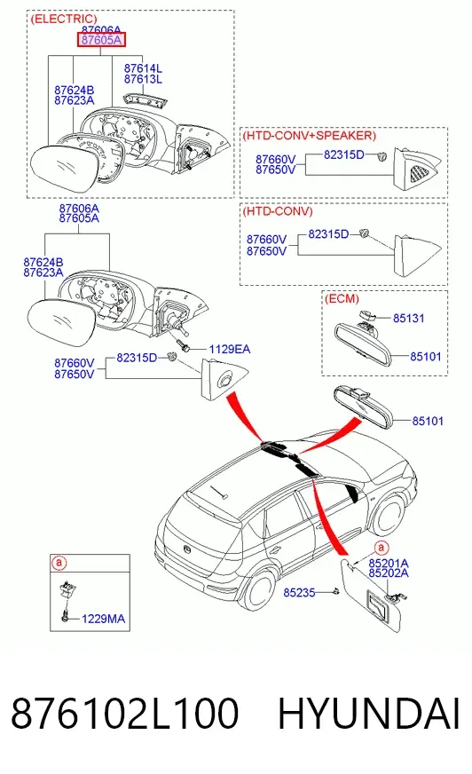 Ліве бокове дзеркало 876102L100 Hyundai/Kia