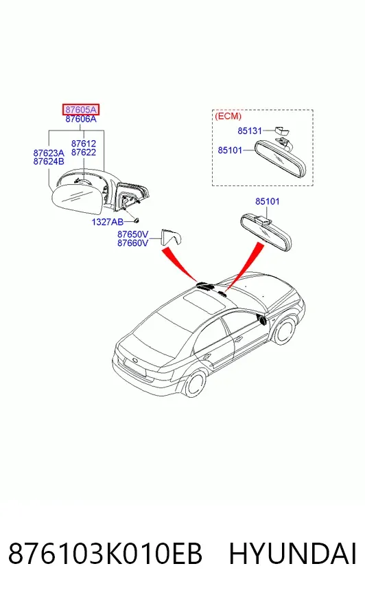 Ліве бокове дзеркало 876103K010EB Hyundai/Kia