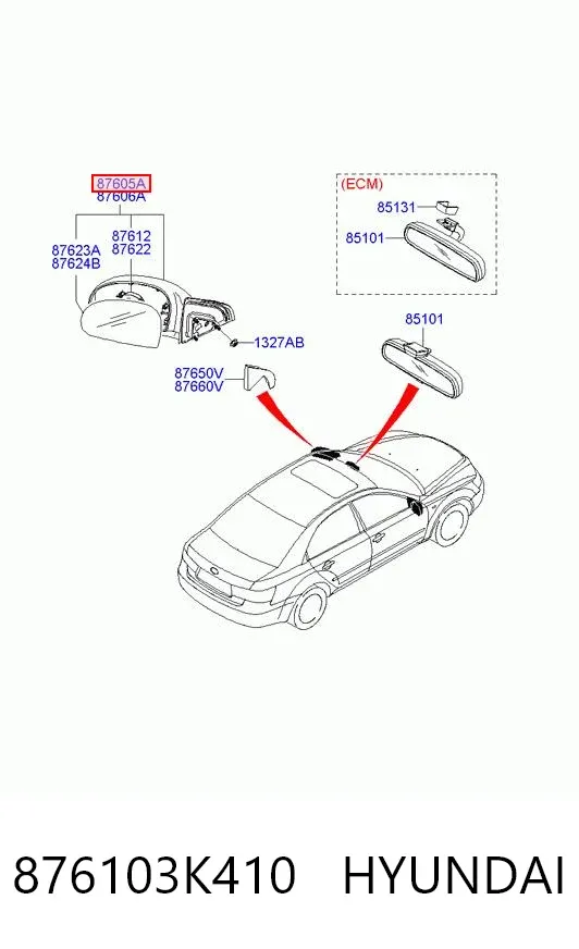 Ліве бокове дзеркало 876103K410 Hyundai/Kia