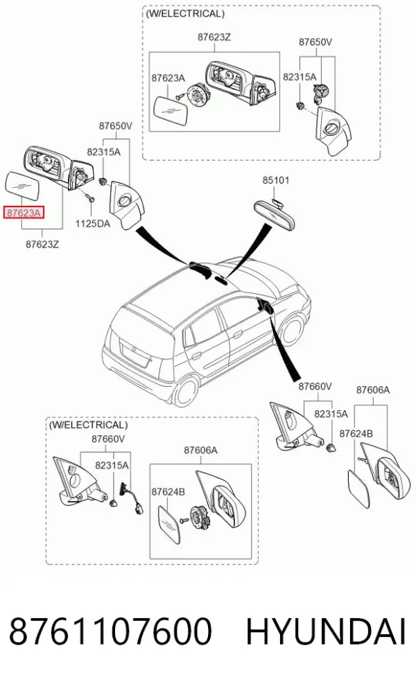 Дзеркальний елемент дзеркала заднього виду, лівого 8761107600 Hyundai/Kia