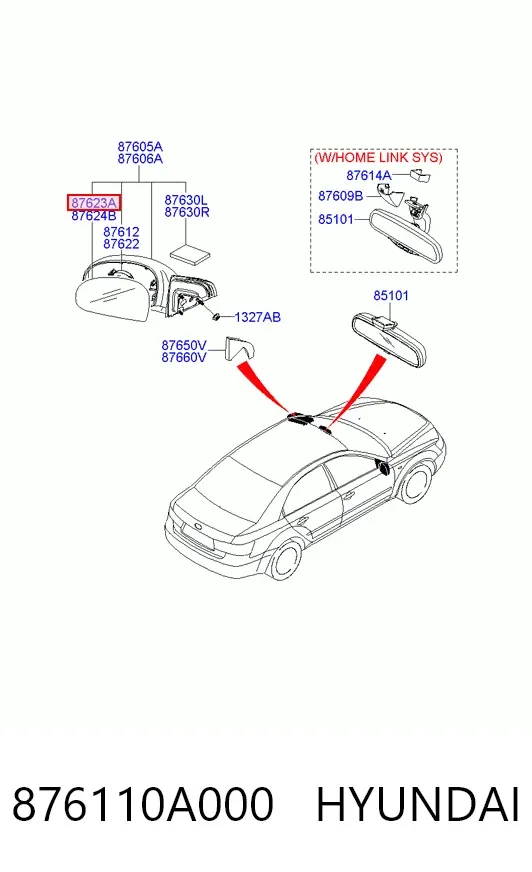 Дзеркальний елемент дзеркала заднього виду, лівого 876110A000 Hyundai/Kia