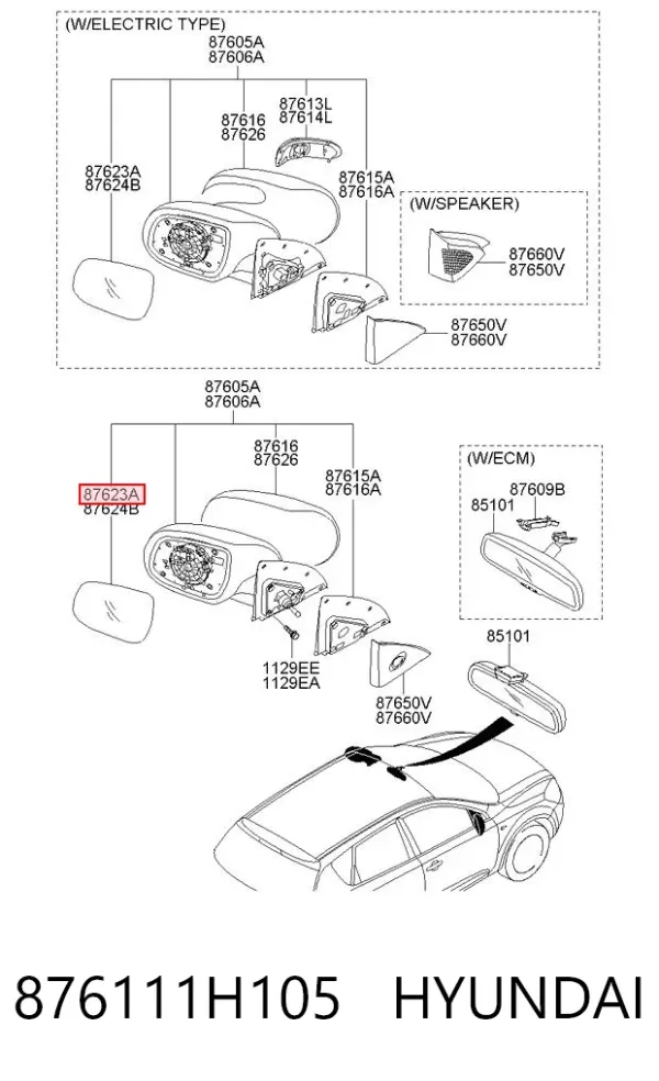 Дзеркальний елемент дзеркала заднього виду, лівого 876111H105 Hyundai/Kia