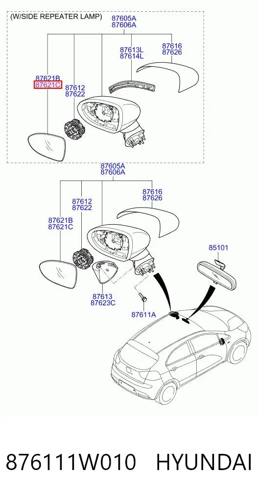 Дзеркальний елемент дзеркала заднього виду, лівого 876111W010 Hyundai/Kia