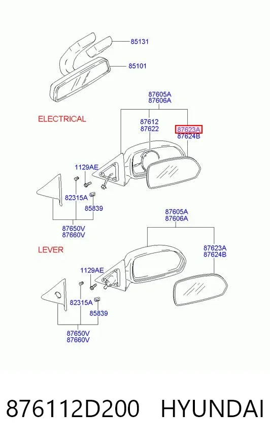 Дзеркальний елемент дзеркала заднього виду, лівого 876112D200 Hyundai/Kia