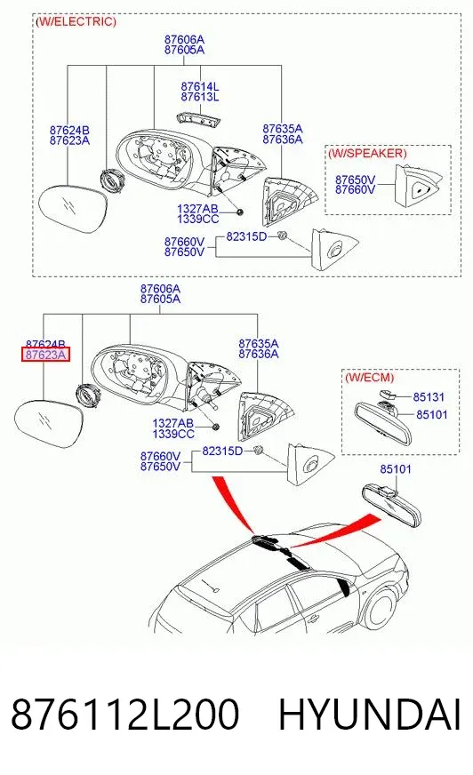 Дзеркальний елемент дзеркала заднього виду, лівого 876112L200 Hyundai/Kia