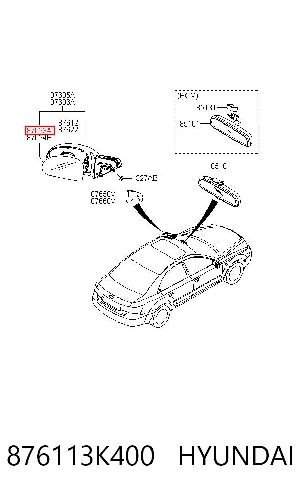 Дзеркальний елемент дзеркала заднього виду, лівого 876113K400 Hyundai/Kia