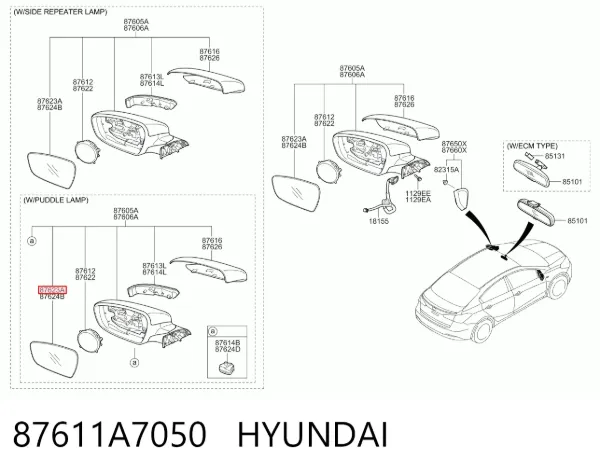 Дзеркальний елемент дзеркала заднього виду, лівого 87611A7050 Hyundai/Kia