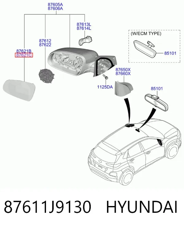 Дзеркальний елемент дзеркала заднього виду, лівого 87611J9130 Hyundai/Kia