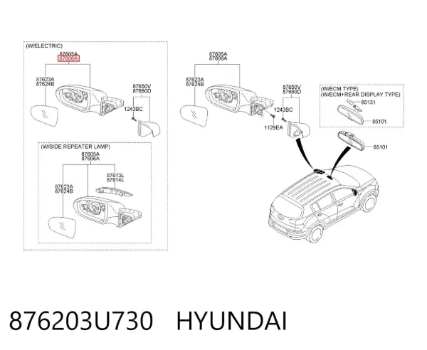 Дзеркало праве 876203U730 Hyundai/Kia