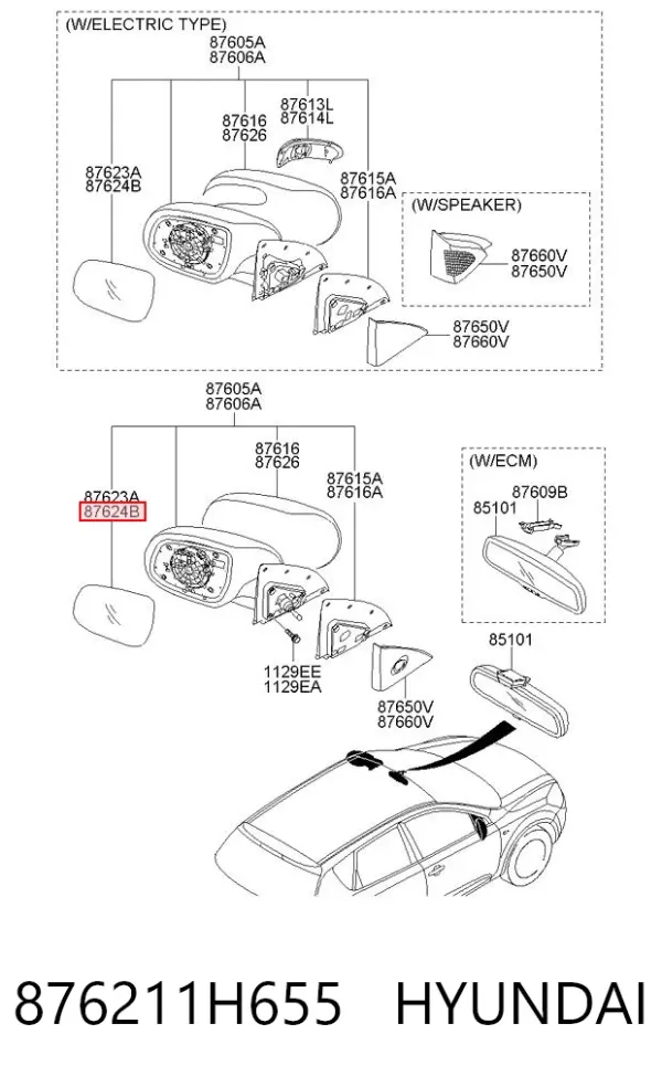 Дзеркальний елемент дзеркала заднього виду, правого 876211H655 Hyundai/Kia